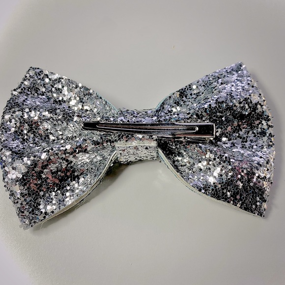 Silver Glitter Sparkly Bow Tie Hair Bow - Picture 2 of 5